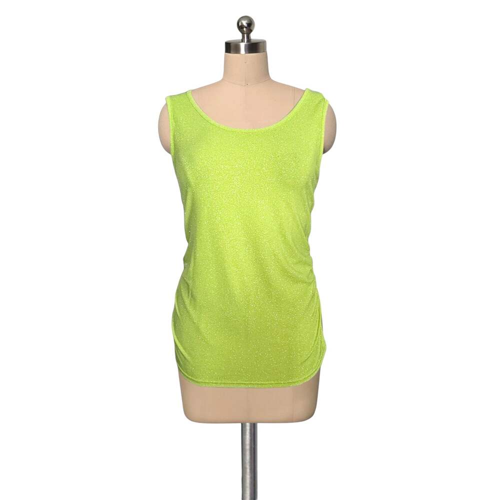 BEREK Glittery Sparkle Neon Green Yellow Rouched Side Tank Top Shirt M